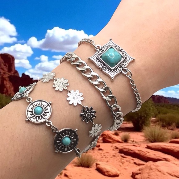 Boho Turquoise Bracelet Set – Western Sunburst, Floral & Chain Stackable Jewelry - Picture 1 of 7